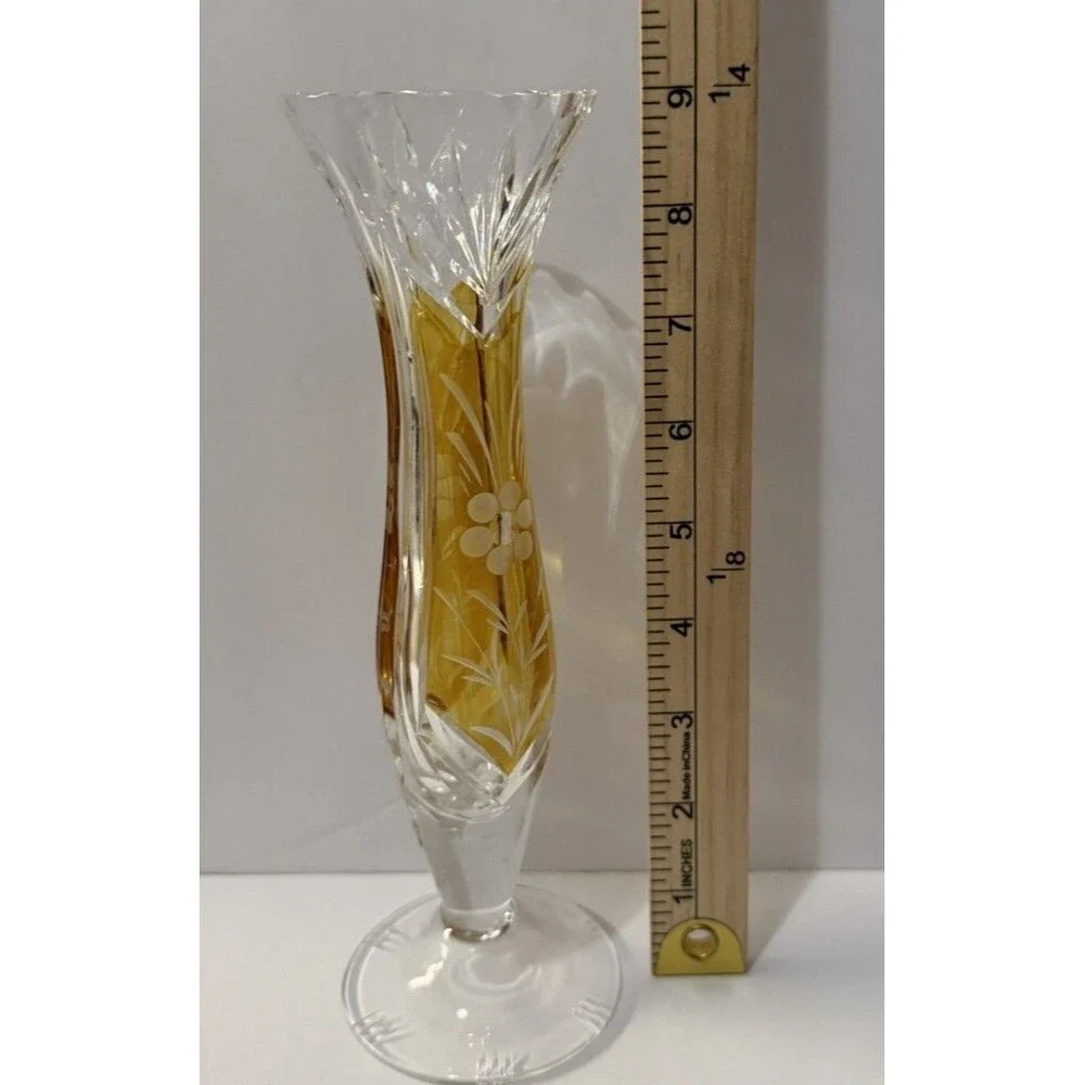 Clear & Amber Cut Glass Vase, Etched Floral Pattern, Decorative, 12 in